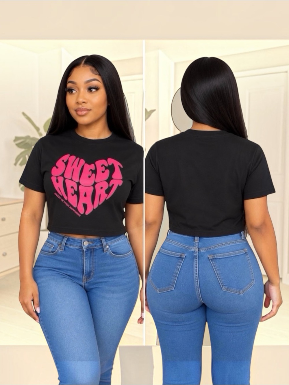 Black Crop Tee with Pink 'Sweet Heart' Graphic - Women's Casual Top